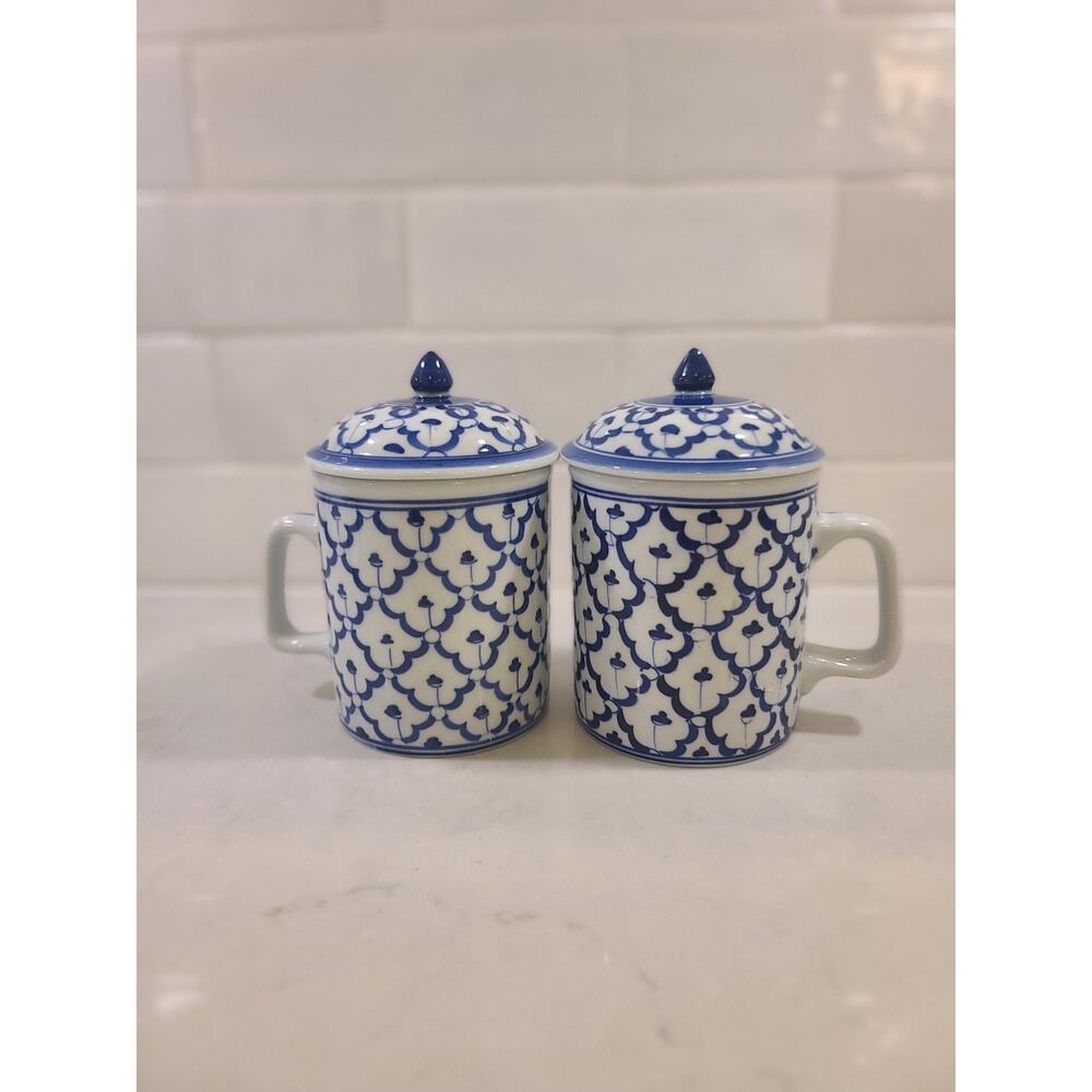 Blue White Ceramic Mug with Lid, Hand Painted Pineapple Pattern Tea Cup set of 2
